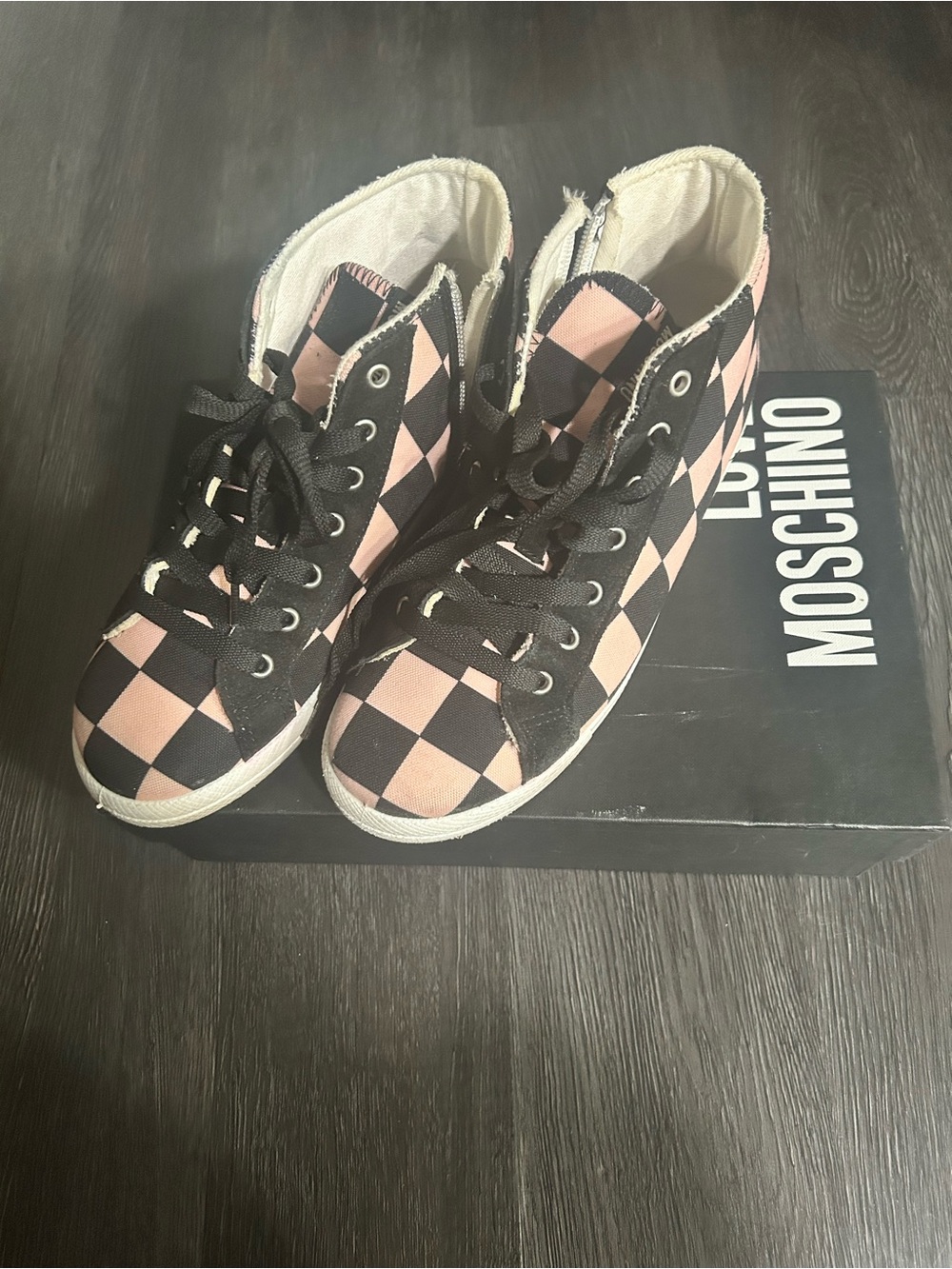 Moschino Pink and Black Checkerboard High-Top Sneakers